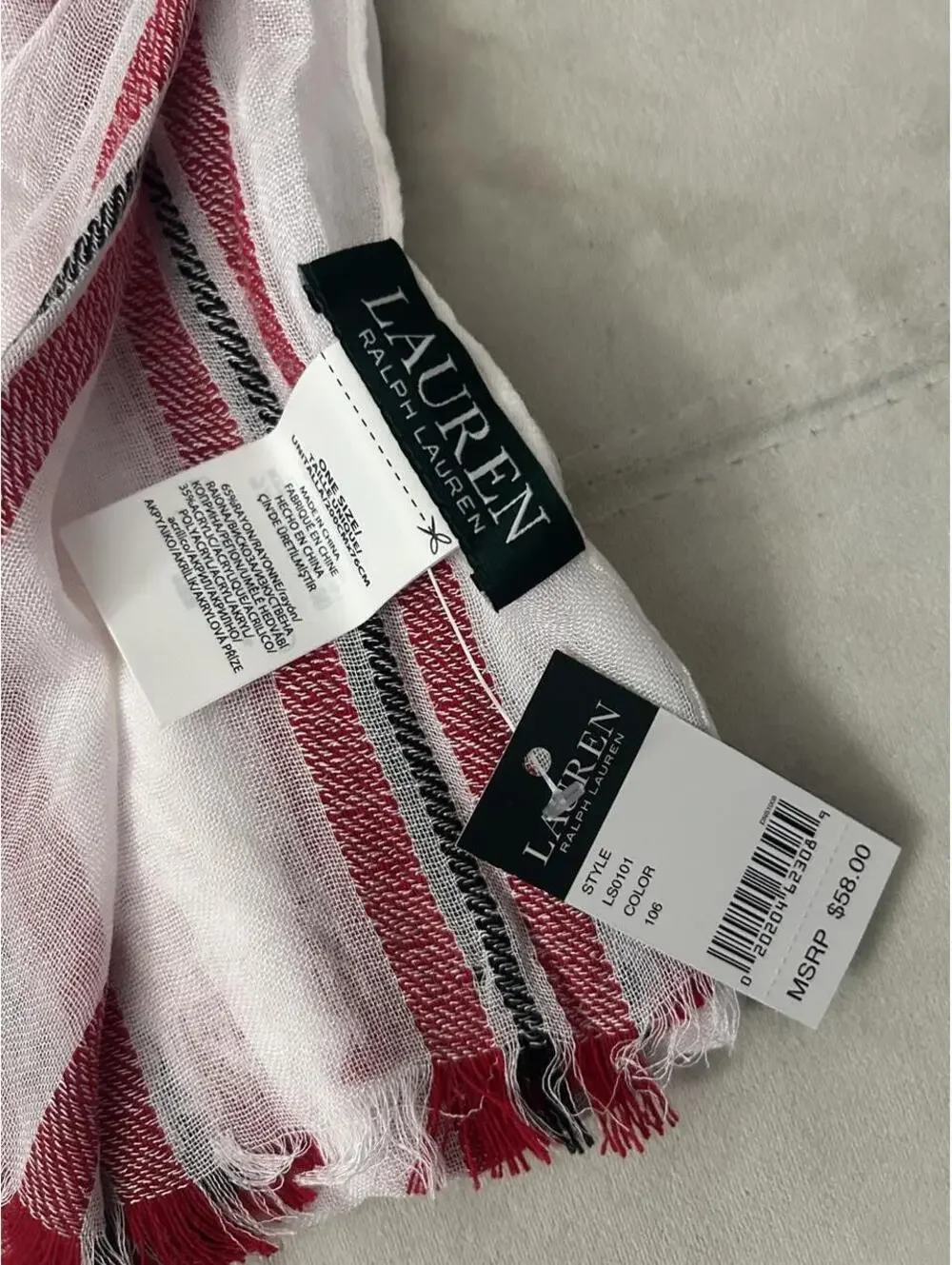 NWT Lauren Ralph Lauren red, white, and black striped fringe scarf